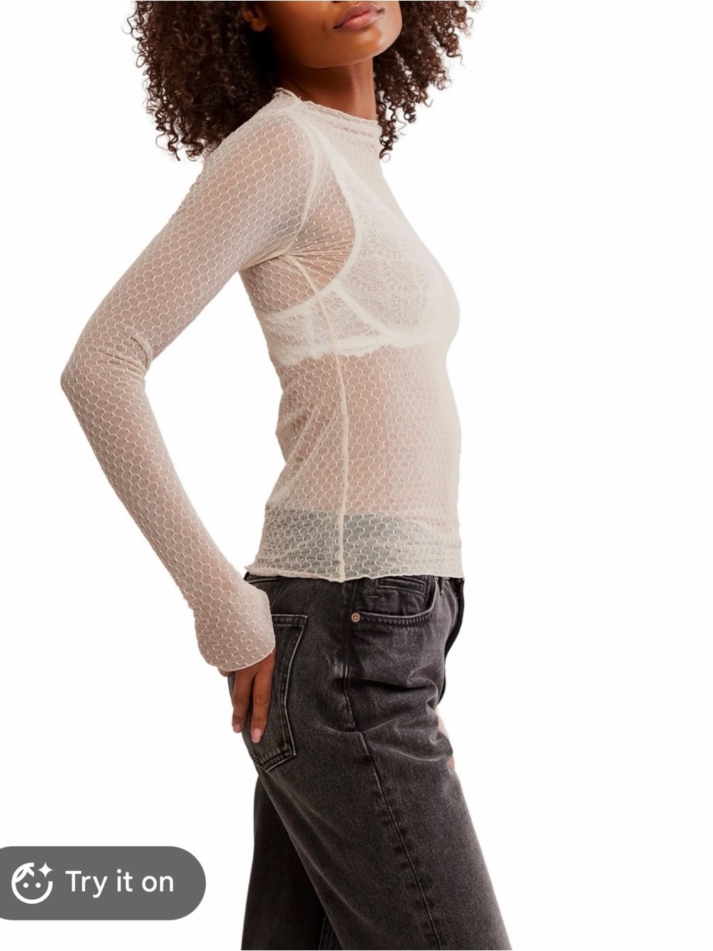 Free people minding my business Sheer Long-Sleeve Mesh white top.SizeS.Y2K,indie